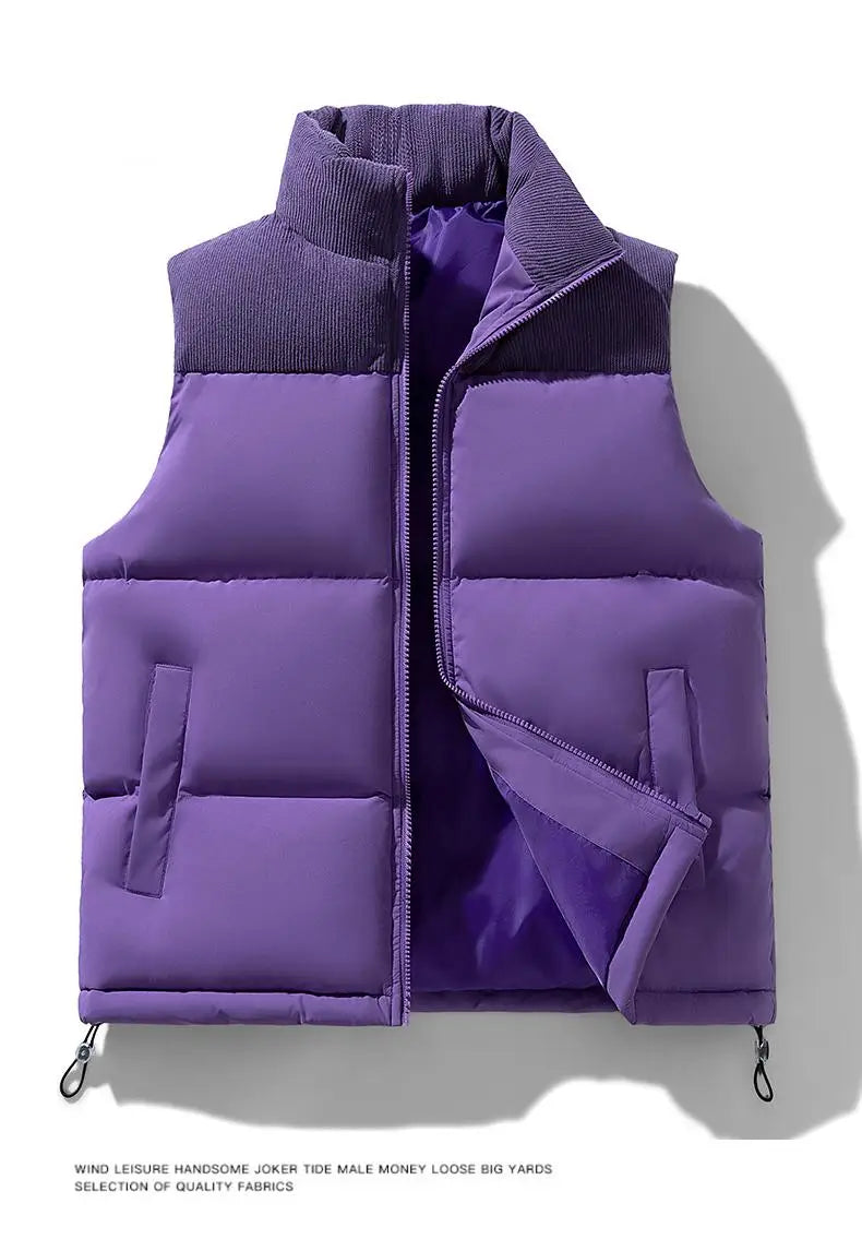 Winter Unisex Puffer Vest Thickened Warm Corduroy Windproof Outdoor Sleeveless Stand Collar Fashion Casual Cotton-Padded Coat