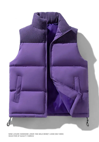 Winter Unisex Puffer Vest Thickened Warm Corduroy Windproof Outdoor Sleeveless Stand Collar Fashion Casual Cotton-Padded Coat