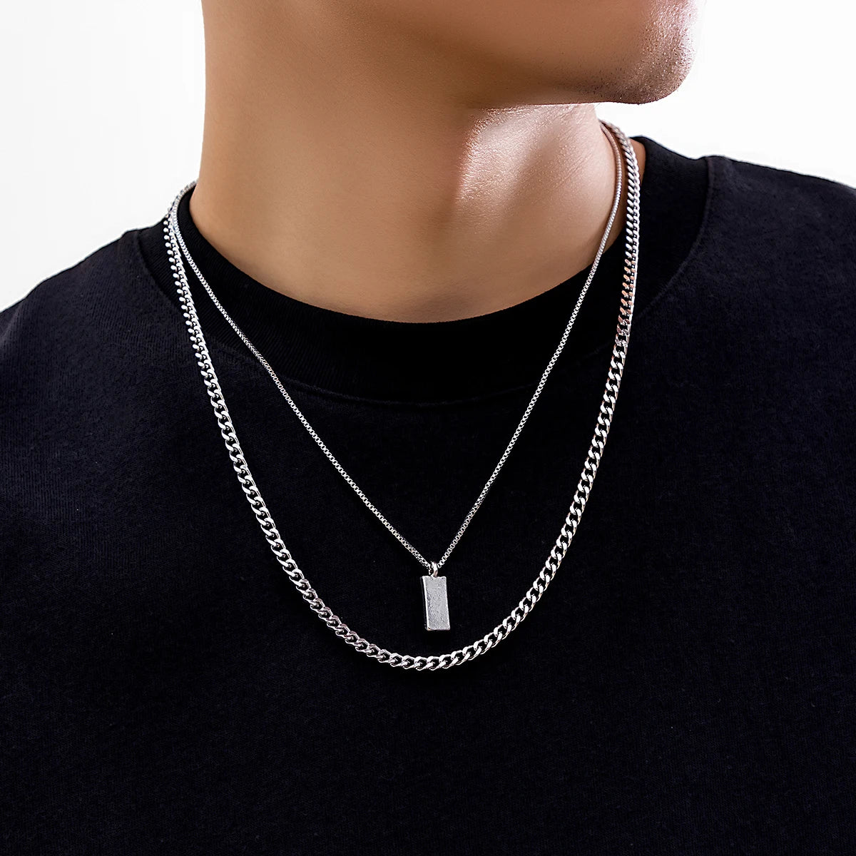 KunJoe 2pcs/set Rectangular Pendant Box Chain Necklace for Men Punk Silver Color Cuban Link Chain Choker Necklace Party