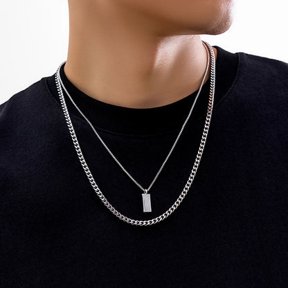 KunJoe 2pcs/set Rectangular Pendant Box Chain Necklace for Men Punk Silver Color Cuban Link Chain Choker Necklace Party