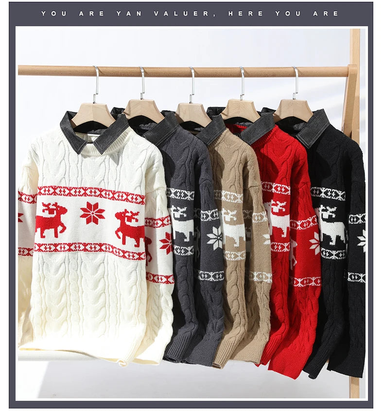 Christmas Clothing Men Sweaters Reindeer Pattern Long Sleeve Polo Neck Xmas Holiday Loose Knitwear Sweater Man Jumper Pullover