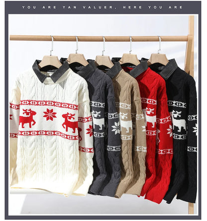 Christmas Clothing Men Sweaters Reindeer Pattern Long Sleeve Polo Neck Xmas Holiday Loose Knitwear Sweater Man Jumper Pullover