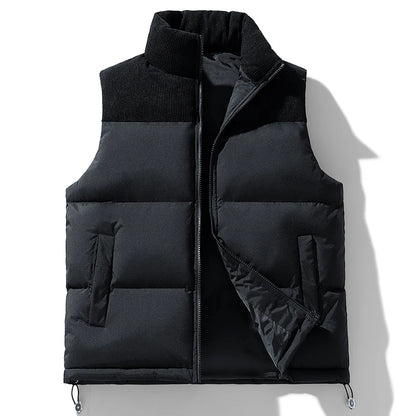 Winter Unisex Puffer Vest Thickened Warm Corduroy Windproof Outdoor Sleeveless Stand Collar Fashion Casual Cotton-Padded Coat
