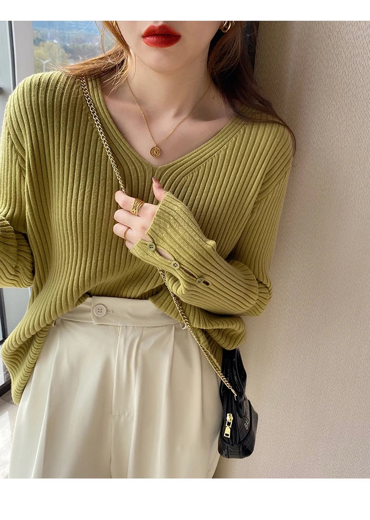 Autumn Winter Women Sweaters Long Sleeve Knitted V Neck Button Pullover Sweater Femme Basic Solid Jersey Tops Fashion Clothes
