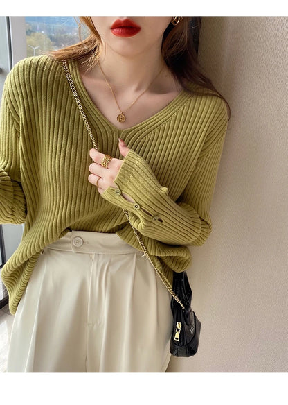 Autumn Winter Women Sweaters Long Sleeve Knitted V Neck Button Pullover Sweater Femme Basic Solid Jersey Tops Fashion Clothes