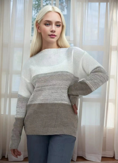 New Autumn Winter Knitted Sweater Women's Foreign Trade Color Blocking Splicing Round Neck Long Sleeved Pullover Top