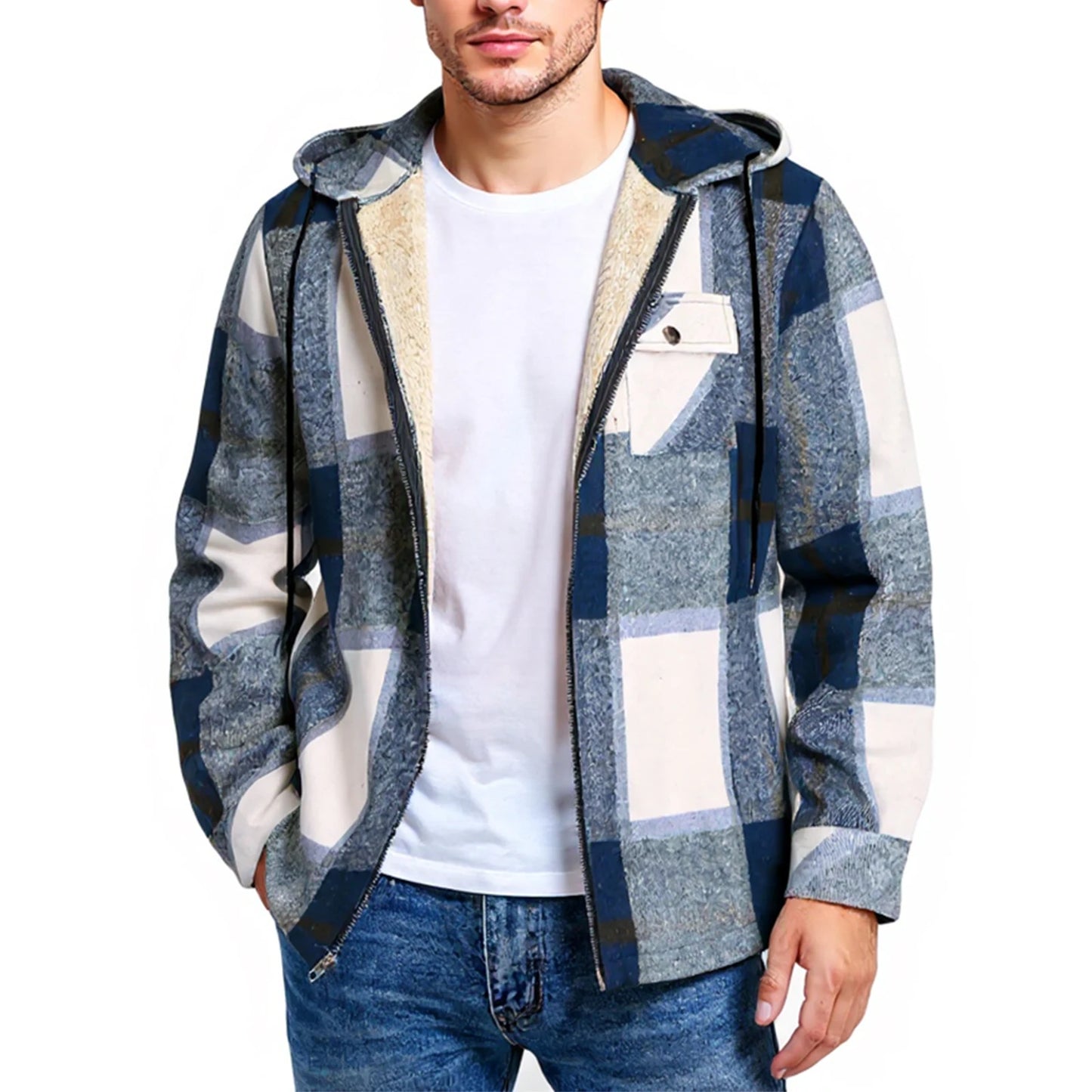 Men's Shirt Plaid Retro Warm Top Winter Fashion Men's Clothing Classic Style Zipper Jacket Thickened Fleece Lined Hooded