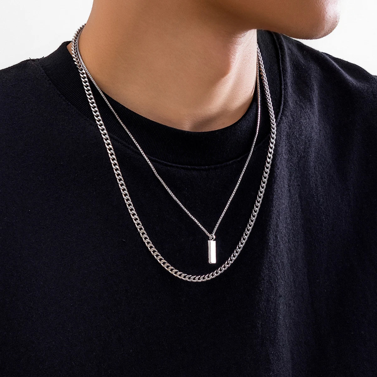 KunJoe 2pcs/set Rectangular Pendant Box Chain Necklace for Men Punk Silver Color Cuban Link Chain Choker Necklace Party