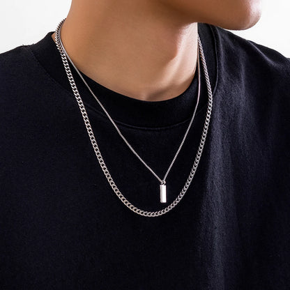 KunJoe 2pcs/set Rectangular Pendant Box Chain Necklace for Men Punk Silver Color Cuban Link Chain Choker Necklace Party