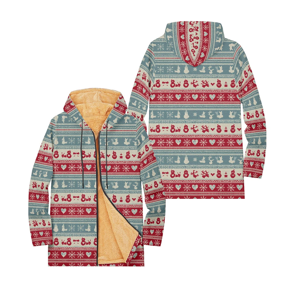 Unisex Christmas Winter Hooded Jacket with Festive Patterns Snowflakes Snowmen Reindeer and Penguins Soft Fleece Lining Warmth