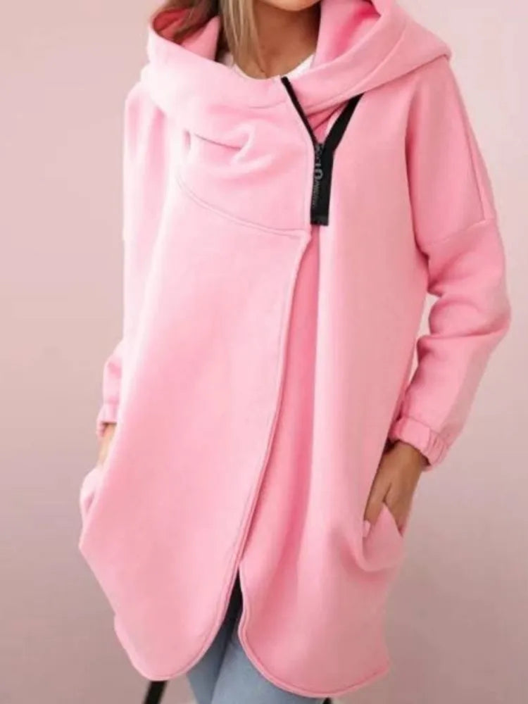 Fashion Hooded Hoodie For Women Casual Solid Zip Long Sleeve Loose Coats Tops Female Holiday Streetwear Autumn Winter Clothes