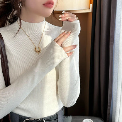Hot Sale Women Sweater Autumn Mock Neck Vintage Basic Solid Knitted Tops Slim Pullover Korean Sweaters Long Sleeve Clothes 90s