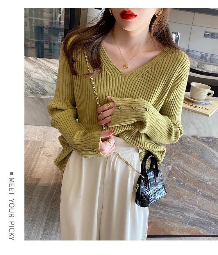 Autumn Winter Women Sweaters Long Sleeve Knitted V Neck Button Pullover Sweater Femme Basic Solid Jersey Tops Fashion Clothes