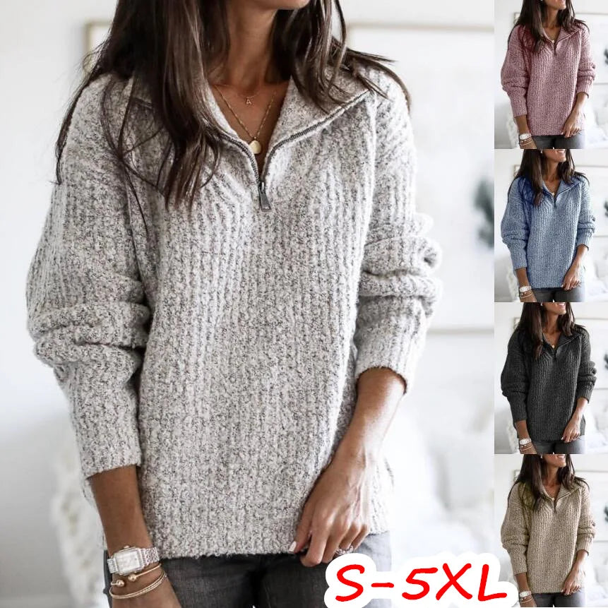 New Autumn Winter Warm Pullover Sweater Women Fashion Solid Long Sleeve Knitwear Zip Neck Loose Knitted Sweater Jumper Top S-5XL