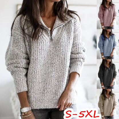 New Autumn Winter Warm Pullover Sweater Women Fashion Solid Long Sleeve Knitwear Zip Neck Loose Knitted Sweater Jumper Top S-5XL