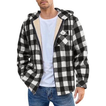 Men's Shirt Plaid Retro Warm Top Winter Fashion Men's Clothing Classic Style Zipper Jacket Thickened Fleece Lined Hooded