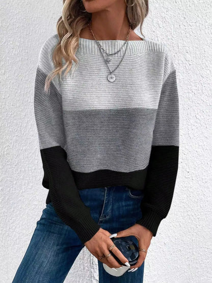 New Autumn Winter Knitted Sweater Women's Foreign Trade Color Blocking Splicing Round Neck Long Sleeved Pullover Top