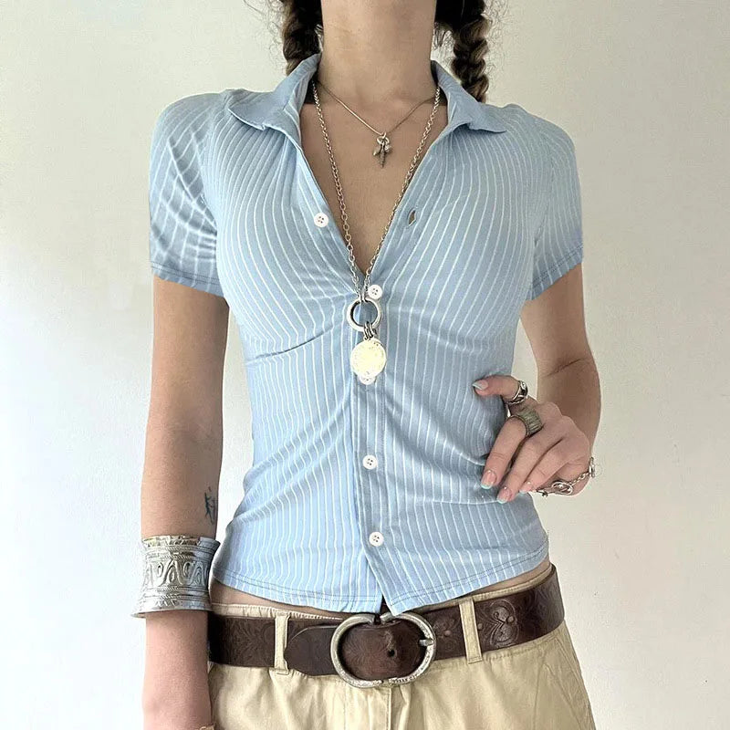 Classic Blue Striped Shirts Women Summer Shorts Sleeve Button Up Basic Shirt Mujer Y2K Aesthetic Retro Slim Fit Lapel Blouse