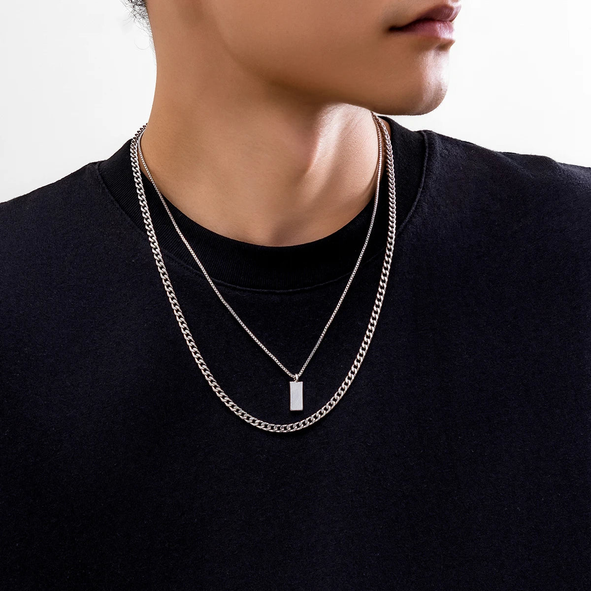 KunJoe 2pcs/set Rectangular Pendant Box Chain Necklace for Men Punk Silver Color Cuban Link Chain Choker Necklace Party
