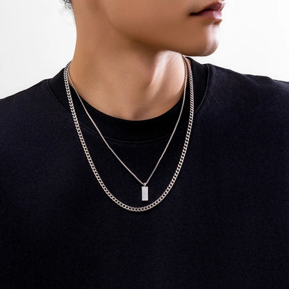 KunJoe 2pcs/set Rectangular Pendant Box Chain Necklace for Men Punk Silver Color Cuban Link Chain Choker Necklace Party