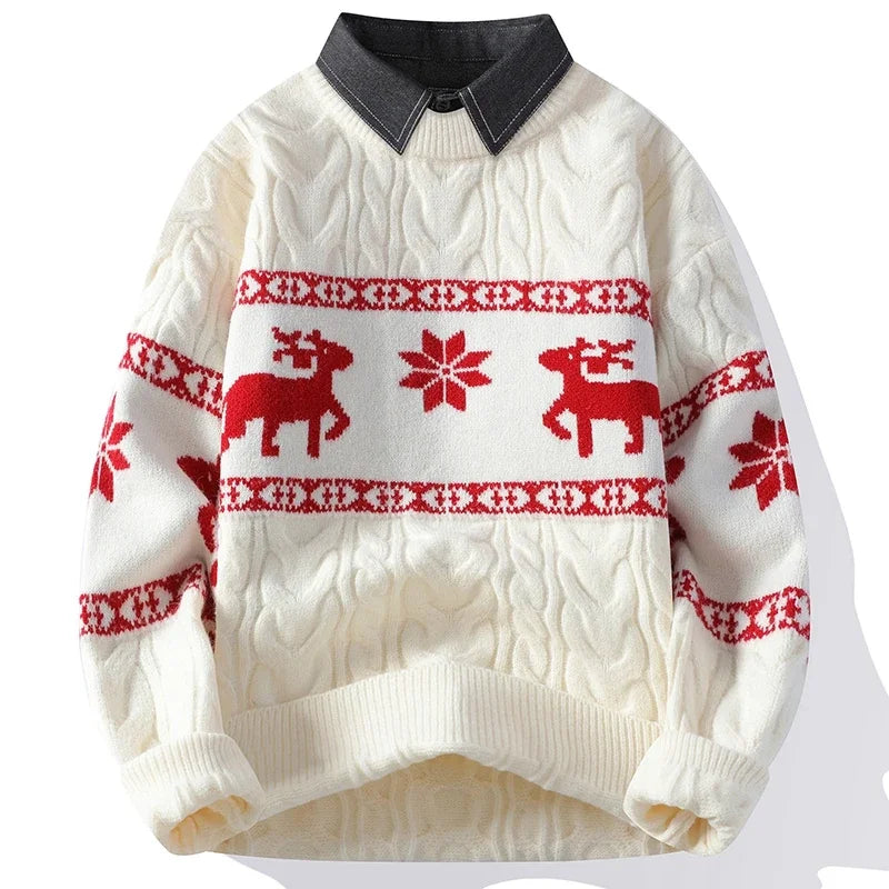 Christmas Clothing Men Sweaters Reindeer Pattern Long Sleeve Polo Neck Xmas Holiday Loose Knitwear Sweater Man Jumper Pullover