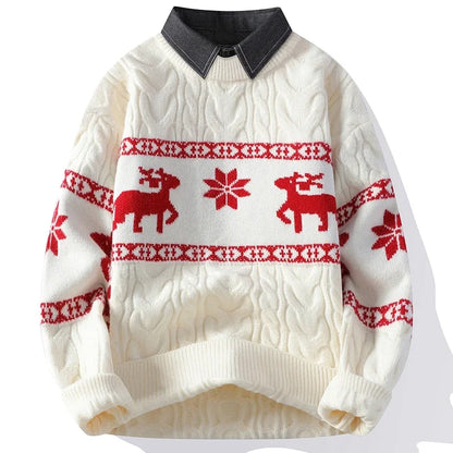 Christmas Clothing Men Sweaters Reindeer Pattern Long Sleeve Polo Neck Xmas Holiday Loose Knitwear Sweater Man Jumper Pullover
