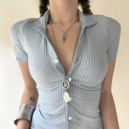 Classic Blue Striped Shirts Women Summer Shorts Sleeve Button Up Basic Shirt Mujer Y2K Aesthetic Retro Slim Fit Lapel Blouse