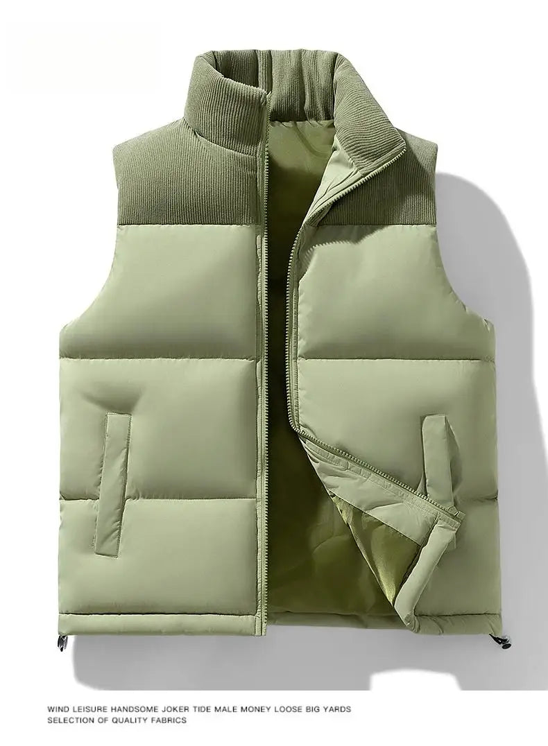 Winter Unisex Puffer Vest Thickened Warm Corduroy Windproof Outdoor Sleeveless Stand Collar Fashion Casual Cotton-Padded Coat