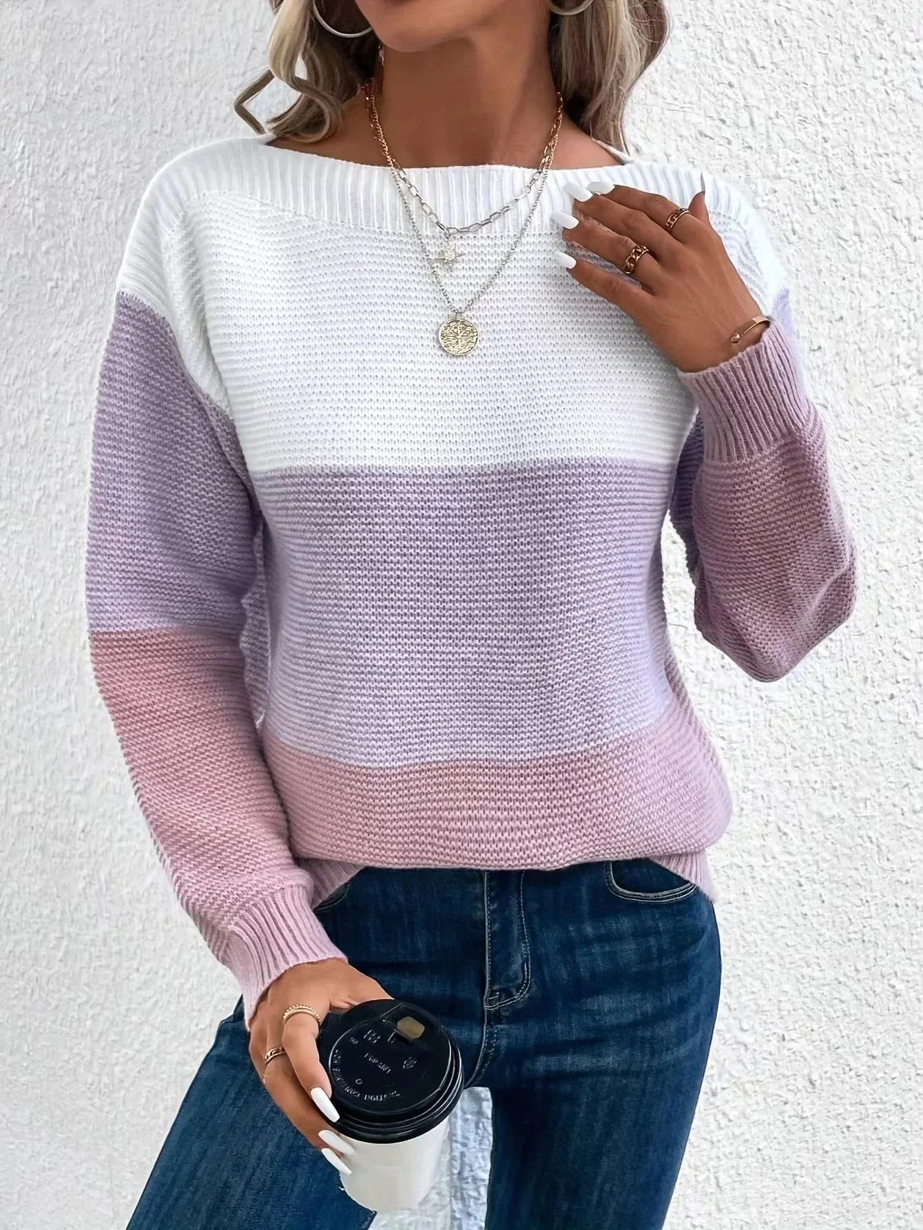New Autumn Winter Knitted Sweater Women's Foreign Trade Color Blocking Splicing Round Neck Long Sleeved Pullover Top