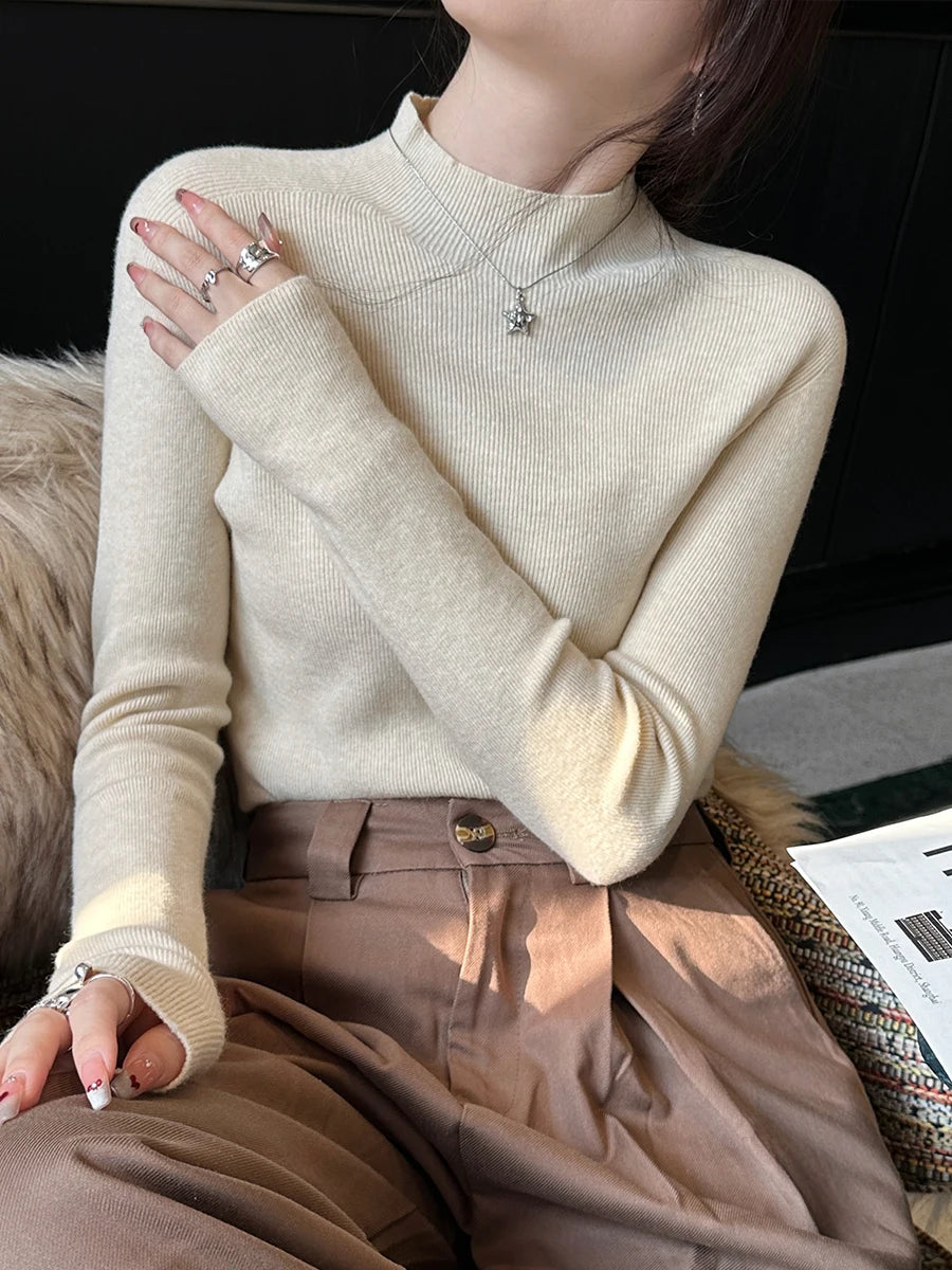Hot Sale Women Sweater Autumn Mock Neck Vintage Basic Solid Knitted Tops Slim Pullover Korean Sweaters Long Sleeve Clothes 90s