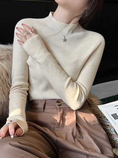 Hot Sale Women Sweater Autumn Mock Neck Vintage Basic Solid Knitted Tops Slim Pullover Korean Sweaters Long Sleeve Clothes 90s