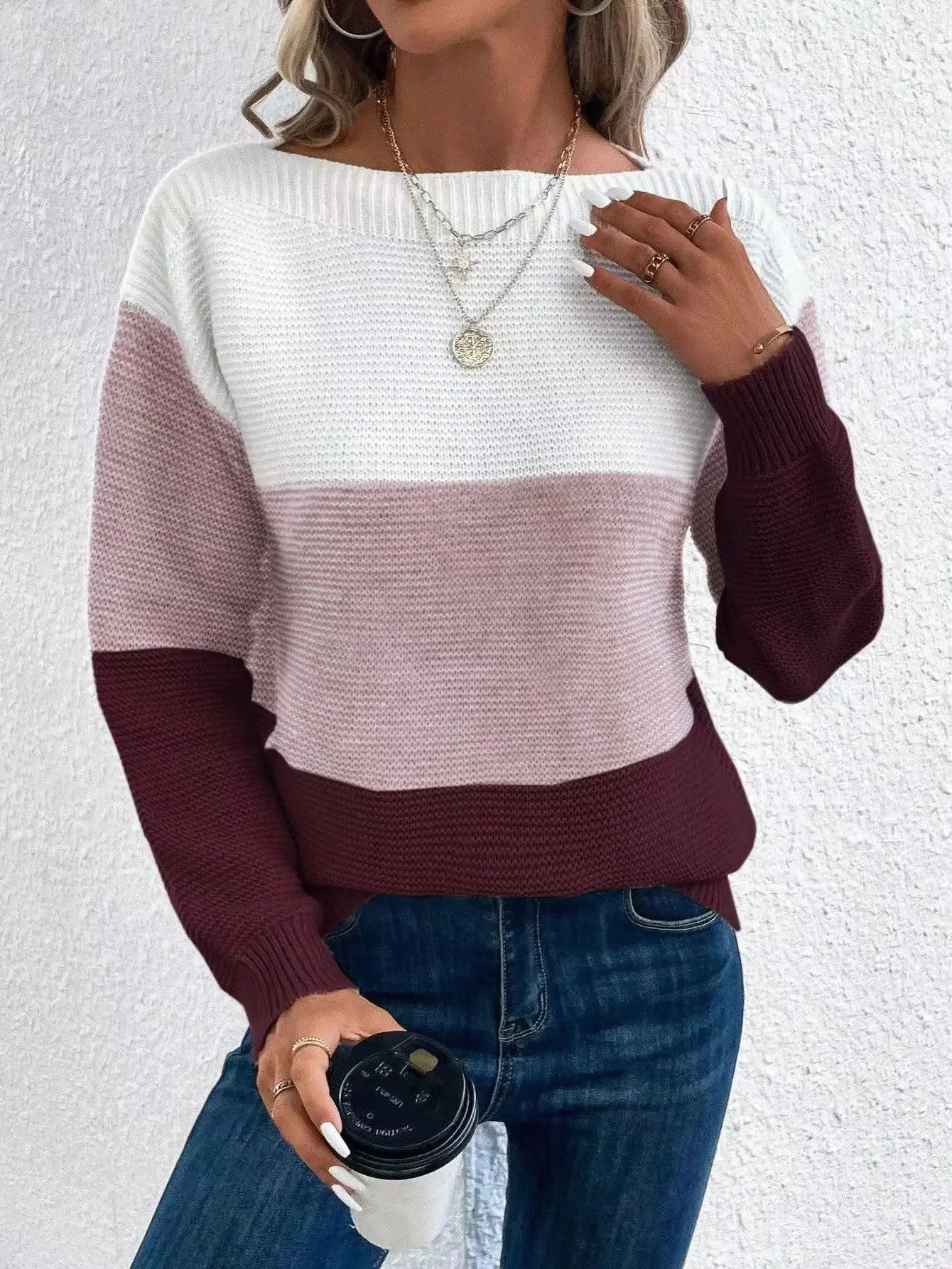 New Autumn Winter Knitted Sweater Women's Foreign Trade Color Blocking Splicing Round Neck Long Sleeved Pullover Top