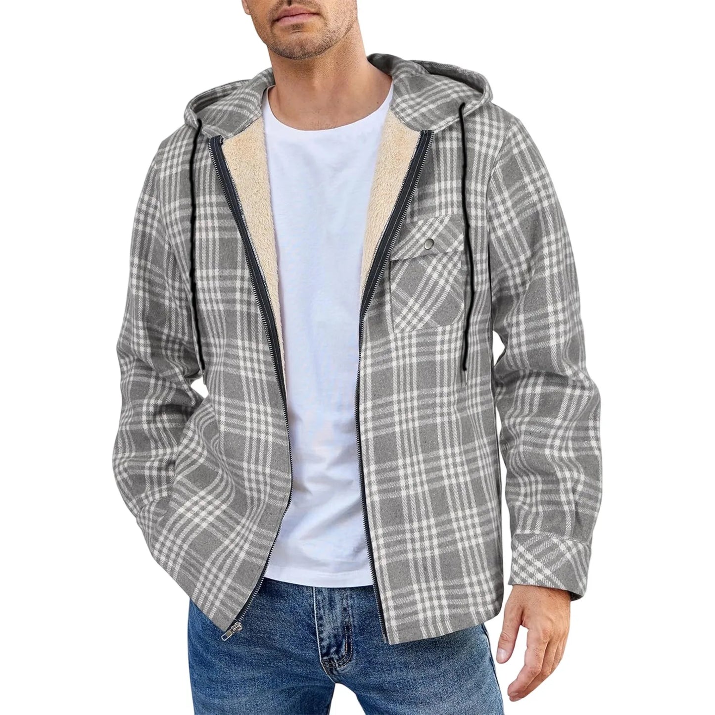 Men's Shirt Plaid Retro Warm Top Winter Fashion Men's Clothing Classic Style Zipper Jacket Thickened Fleece Lined Hooded
