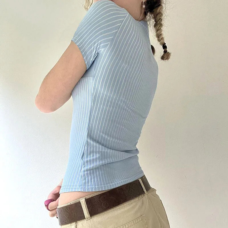 Classic Blue Striped Shirts Women Summer Shorts Sleeve Button Up Basic Shirt Mujer Y2K Aesthetic Retro Slim Fit Lapel Blouse
