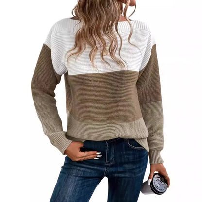New Autumn Winter Knitted Sweater Women's Foreign Trade Color Blocking Splicing Round Neck Long Sleeved Pullover Top