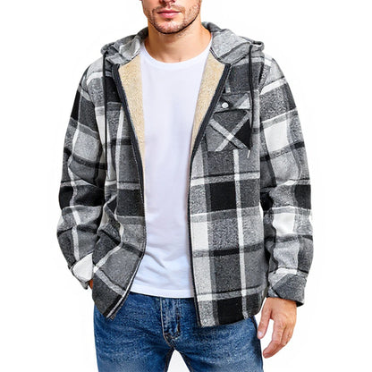 Men's Shirt Plaid Retro Warm Top Winter Fashion Men's Clothing Classic Style Zipper Jacket Thickened Fleece Lined Hooded