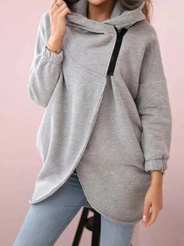 Fashion Hooded Hoodie For Women Casual Solid Zip Long Sleeve Loose Coats Tops Female Holiday Streetwear Autumn Winter Clothes