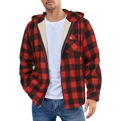 Men's Shirt Plaid Retro Warm Top Winter Fashion Men's Clothing Classic Style Zipper Jacket Thickened Fleece Lined Hooded