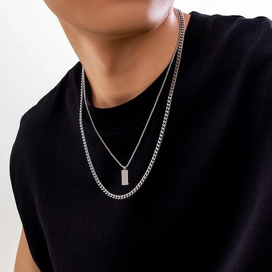 KunJoe 2pcs/set Rectangular Pendant Box Chain Necklace for Men Punk Silver Color Cuban Link Chain Choker Necklace Party