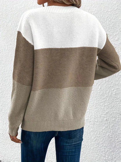 New Autumn Winter Knitted Sweater Women's Foreign Trade Color Blocking Splicing Round Neck Long Sleeved Pullover Top