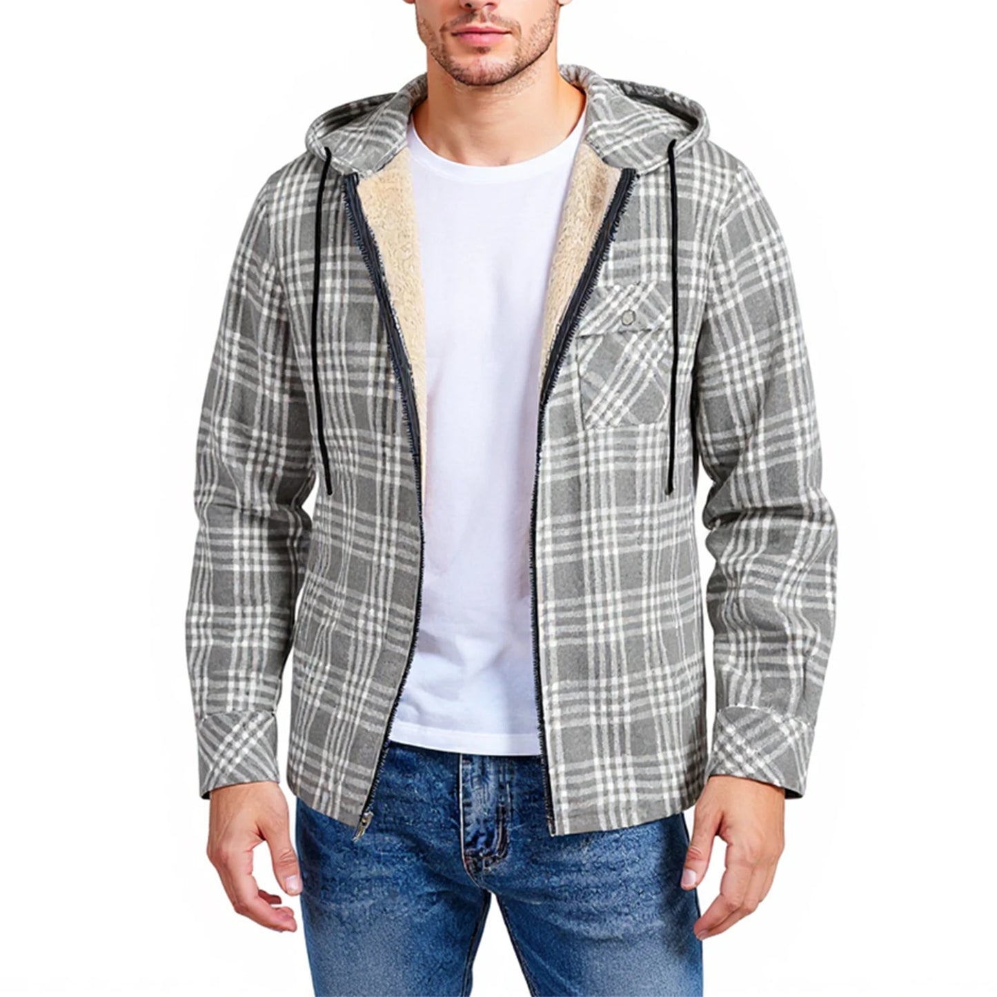 Men's Shirt Plaid Retro Warm Top Winter Fashion Men's Clothing Classic Style Zipper Jacket Thickened Fleece Lined Hooded