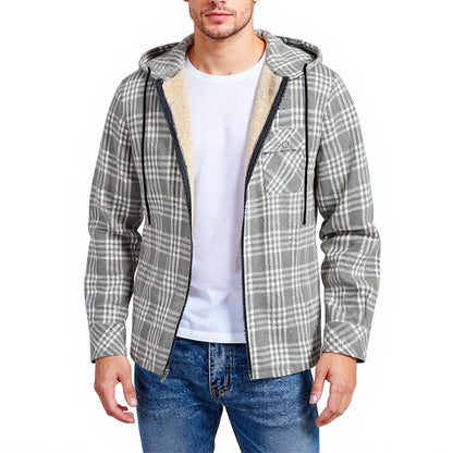Men's Shirt Plaid Retro Warm Top Winter Fashion Men's Clothing Classic Style Zipper Jacket Thickened Fleece Lined Hooded