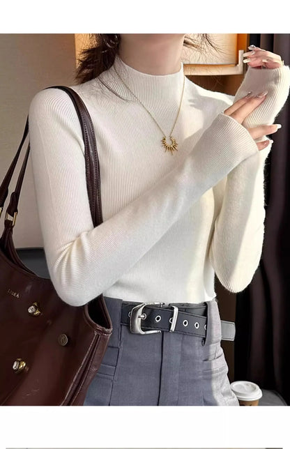Hot Sale Women Sweater Autumn Mock Neck Vintage Basic Solid Knitted Tops Slim Pullover Korean Sweaters Long Sleeve Clothes 90s
