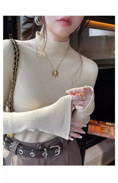 Hot Sale Women Sweater Autumn Mock Neck Vintage Basic Solid Knitted Tops Slim Pullover Korean Sweaters Long Sleeve Clothes 90s