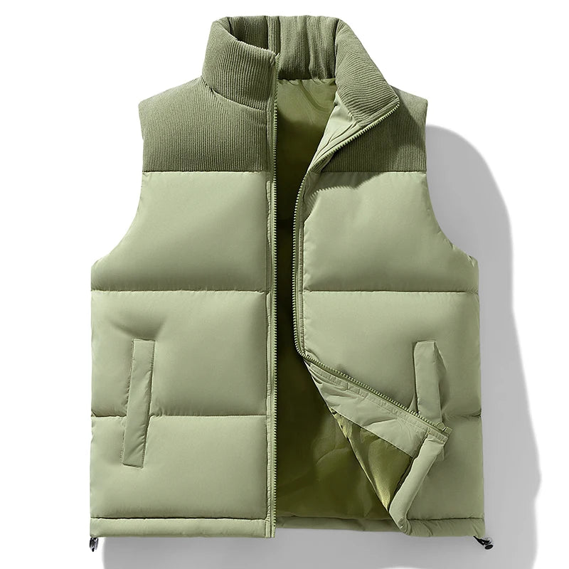 Winter Unisex Puffer Vest Thickened Warm Corduroy Windproof Outdoor Sleeveless Stand Collar Fashion Casual Cotton-Padded Coat